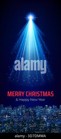 Merry christmas and happy new year greeting card. Bright star, rays like christmas tree over city on night sky background. Christmas New Year banner Stock Vector