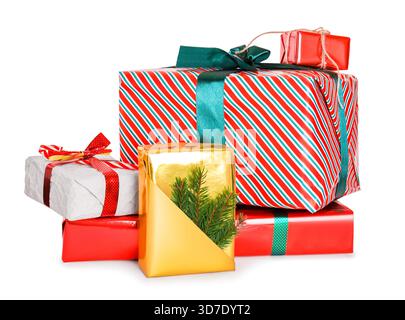 Stack of colorful Christmas presents wrapped in festive paper and ribbons, isolated on a white background. High quality photo Stock Photo