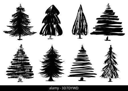 Black Christmas Trees Collection in Hand Drawn Style with Grunge Texture. Rough pine trees silhouettes with textured brush strokes and distressed ink Stock Vector