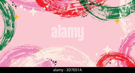 Pink Hand drawn Grunge Background with Bulky Multicolored Lines. Colorful brush strokes, abstract paint swirls and bright scribble curves with spark Stock Vector