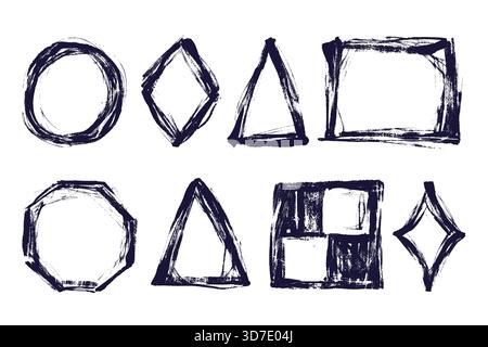 Hand Drawn Grunge Geometric Set. Rough ink circles, triangles, squares and diamonds with textured brush strokes on white background. Perfect for media Stock Vector