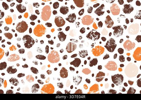Brown Grunge Dot Pattern. Hand stamped paint spots with rough textured edges, scattered abstract circles in earthy tones on white background. Perfect Stock Vector