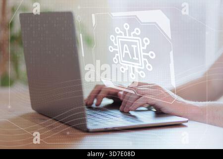 Hands typing on laptop keyboard with digital AI chip icon overlay and circuit graphics. AI machine learning chatbot concept Stock Photo