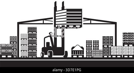 Forklift moves pallets in open warehouse - vector illustration Stock Vector