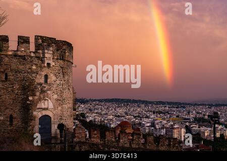 Historic fortress wall in Thessaloniki, Greece, overlooks the city at sunset, with a vivid rainbow arching across the sky. Stock Photo