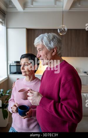 Elderly couple watching street activity through window, talking and drinking tea. Community gossip exchange in senior family, retired social bonding, window side conversation, observational pastime || Model released Stock Photo
