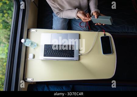 Female hands plugging mobile phone and laptop into portable high-capacity power bank, charging batteries, sitting at table in train compartment, top view. Remote work while traveling. || Model released Stock Photo