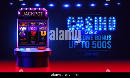 Vibrant online casino banner with slot machine, neon lights, and welcome bonus offer. Vector illustration Stock Vector