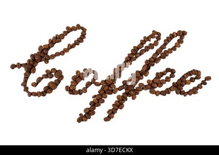 coffee beans in shaped of word or text "Coffee" isolated on white Stock Photo