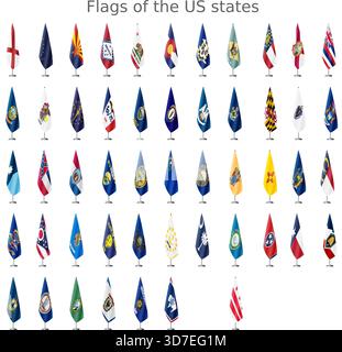Set of flags of all US states on a flagpole for official meetings, vector Stock Vector