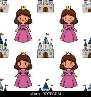 Seamless vector pattern featuring cute princesses in pink dresses and fairytale castles with blue roofs and orange flags on a white background. Stock Vector