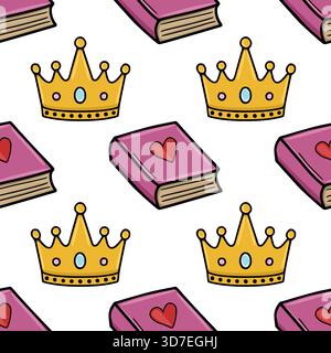 Seamless vector pattern featuring golden crowns and pink books with hearts, symbolizing royalty and knowledge. Stock Vector