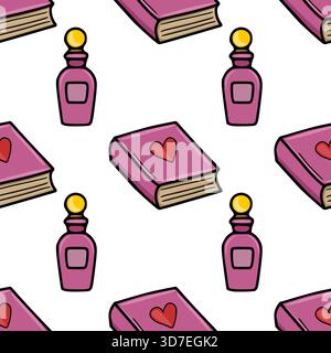 Seamless vector pattern featuring charming pink books with red hearts and elegant perfume bottles with yellow caps, set against a clean white backgrou Stock Vector