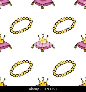Seamless vector pattern of royal crowns on purple cushions and golden bead necklaces. Stock Vector