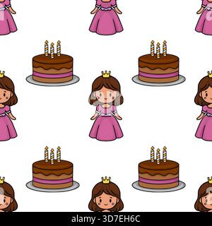 Seamless vector pattern featuring cute cartoon princesses in pink dresses with crowns, alongside chocolate birthday cakes adorned with candles, on a c Stock Vector