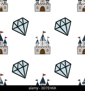 Whimsical seamless vector pattern featuring cartoon castles and sparkling diamonds on a white background, perfect for fantasy-themed designs. Stock Vector