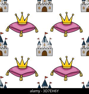 Seamless vector pattern featuring cartoon-style castles and golden crowns on purple velvet cushions, evoking a royal and whimsical theme. Stock Vector
