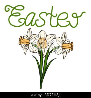 Whimsical vector illustration of delicate white daffodils with golden centers beneath a flowing green "Easter" script. Stock Vector