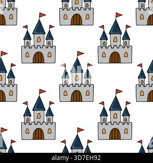 Seamless vector pattern featuring charming cartoon castles with grey stone walls, dark blue conical roofs adorned with red flags, and arched doorways, Stock Vector