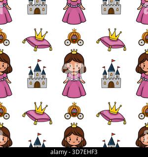 Seamless vector pattern featuring cute cartoon princesses, regal crowns on velvet cushions, charming carriages, and fairytale castles. Stock Vector