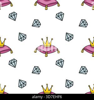 Whimsical vector seamless pattern featuring golden crowns on plush purple cushions and sparkling blue diamonds, perfect for playful, royal-themed desi Stock Vector