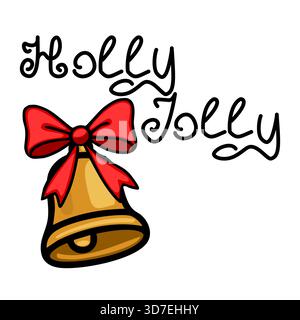 Hand-drawn vector illustration of a golden bell with a red bow and "Holly Jolly" text, perfect for festive greetings. Stock Vector