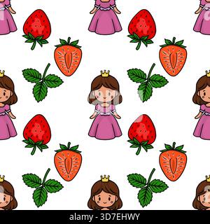 Seamless vector pattern featuring cute cartoon princesses and fresh strawberries with green leaves on a white background, perfect for children's theme Stock Vector
