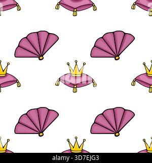 Seamless vector pattern featuring a royal theme with purple velvet cushions topped with golden crowns and elegant pink fans, all outlined in black. Stock Vector