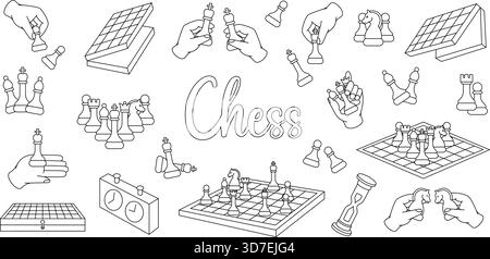 Line art chess illustrations with boards, pieces, hands and clocks in clean outline style Stock Vector