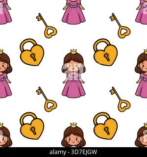 Charming vector seamless pattern featuring cute princesses, golden heart-shaped locks, and ornate keys, perfect for whimsical children's designs. Stock Vector