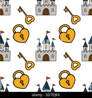 Seamless vector pattern featuring whimsical castles, heart-shaped locks, and ornate keys, evoking a fairytale aesthetic. Stock Vector
