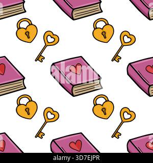 Seamless vector pattern of pink books with red hearts and golden heart-shaped locks with keys. Stock Vector