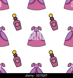 A charming seamless vector pattern featuring cute cartoon princess dresses and perfume bottles in shades of pink and purple, perfect for whimsical bac Stock Vector