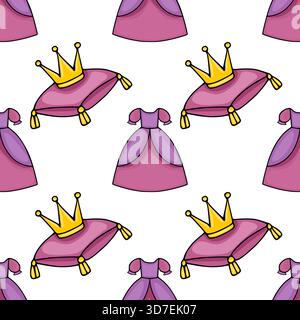 Seamless vector pattern featuring charming princess dresses and regal crowns on velvet cushions, rendered in a playful, cartoonish style with a pastel Stock Vector