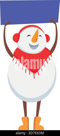 A cartoon snowman holding a blue sign. The snowman is wearing a red scarf and has a happy expression Stock Vector