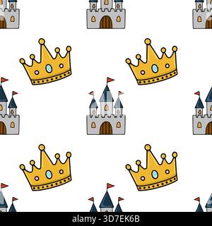 Seamless vector pattern featuring whimsical cartoon castles and golden crowns on a white background, perfect for children's themes. Stock Vector