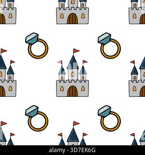 Seamless vector pattern featuring charming cartoon castles and sparkling diamond rings on a clean white background. Stock Vector