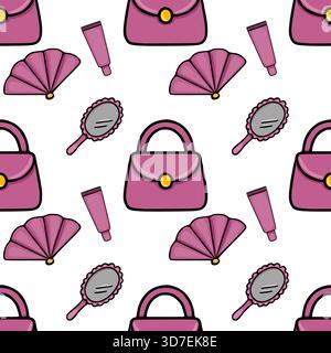 Seamless vector pattern of vintage makeup accessories including handbags, fans, mirrors, and cosmetic tubes in shades of pink and purple. Stock Vector