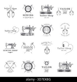 Set of tailor labels, emblems and design elements. Tailor or sewing shop. Logo template vector illustration. Stock Vector