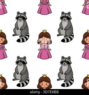 Seamless vector pattern featuring a cute cartoon princess in a pink dress and a friendly raccoon with a striped tail, perfect for whimsical background Stock Vector