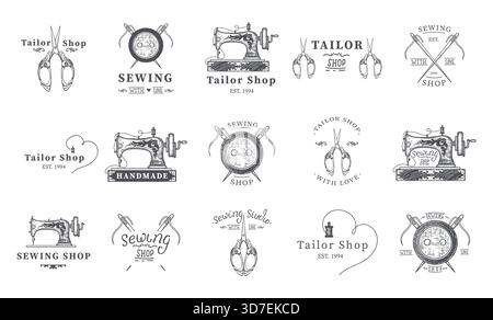 Set of tailor labels, emblems and design elements. Tailor or sewing shop. Logo template vector illustration. Stock Vector