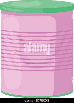 A can of food is shown in a cartoon style. The can is pink and green, and the lid is green. The can is sitting on a white background Stock Vector
