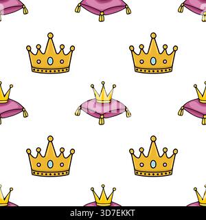 A charming vector pattern featuring golden crowns resting on plush purple cushions, perfect for royal-themed designs. Stock Vector