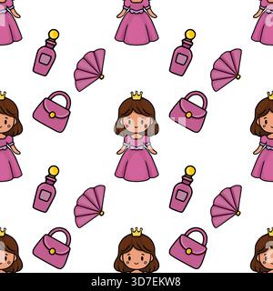 Charming vector pattern featuring a smiling princess with a crown, alongside a pink handbag, a perfume bottle, and a folded fan, all rendered in a cut Stock Vector