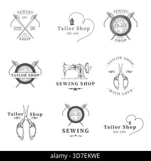 Set of tailor labels, emblems and design elements. Tailor or sewing shop. Logo template vector illustration. Stock Vector