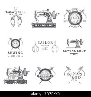 Set of tailor labels, emblems and design elements. Tailor or sewing shop. Logo template vector illustration. Stock Vector