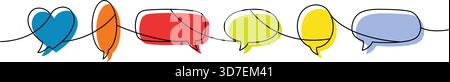 Minimalist continuous line art with six colorful speech bubbles. Creative outline art for communication and relationship themes Stock Vector