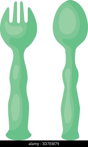 Two green plastic forks and spoons. The image is of a cartoon style Stock Vector
