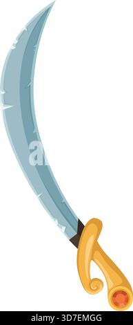 A sword with a gold handle and a red gem on the hilt. The sword is long and has a curved blade Stock Vector