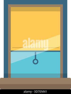 A window with a yellow curtain hanging from a chain. The curtain is open, letting in some light Stock Vector